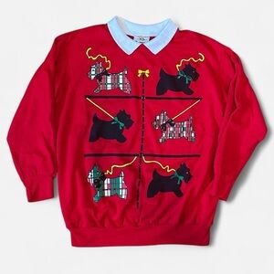 Red Vintage 90s Scottish Terrier Dog Collared Crewneck Sweatshirt Size 1X